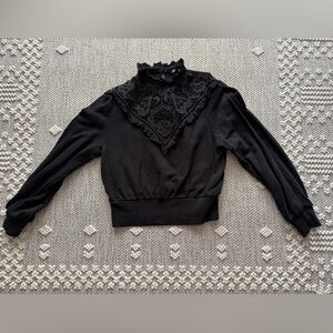 Express Black Sweatshirt with High Collared Lace Neckline Size Medium